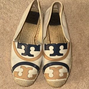 Tory Burch Cream Canvas Espadrilles with Navy & Tan Logo Accents